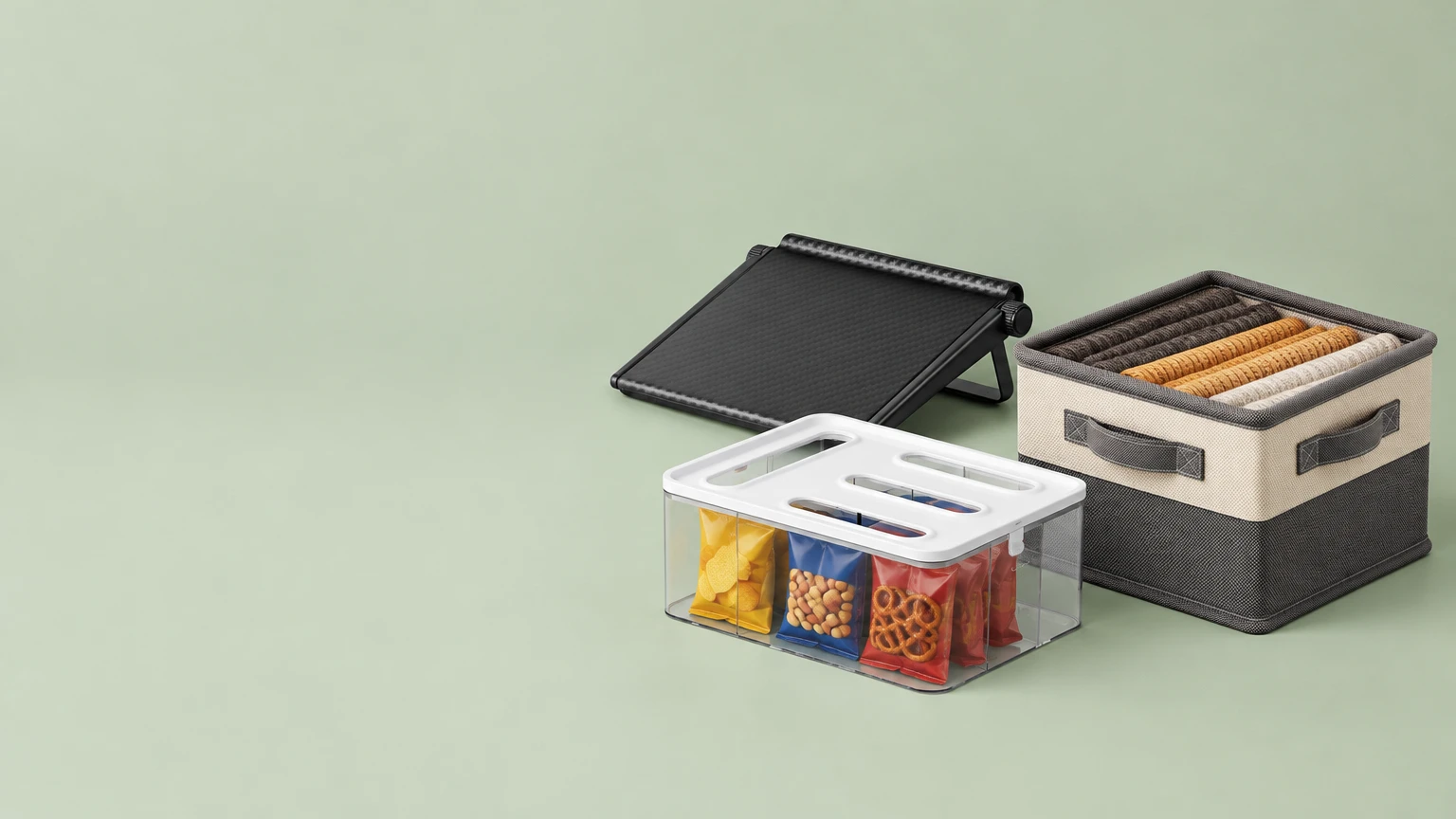 Monitor top shelf, clear food bag organizer and fabric bedding storage box on a sage backdrop