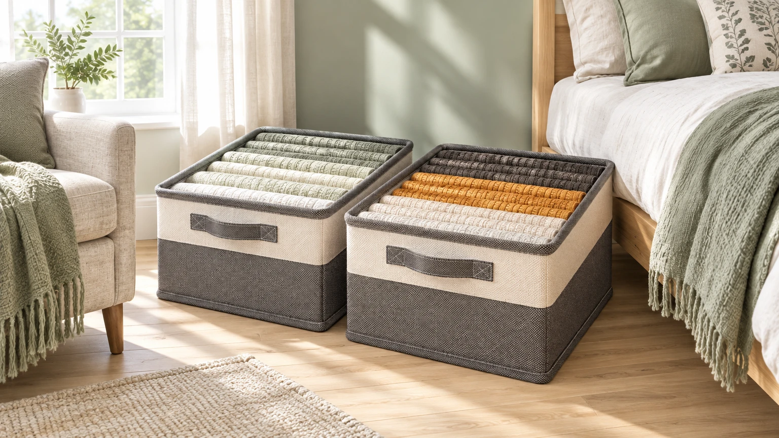 Fabric bedding storage boxes with folded duvets in a calm bedroom