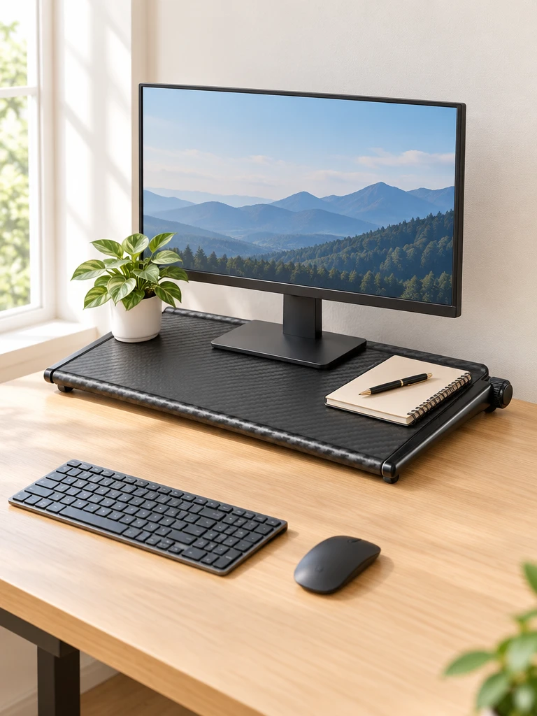 Monitor top shelf holding a plant and notebook on a tidy desk